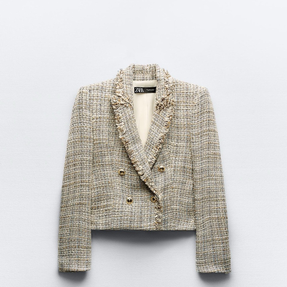 Zara Cream Cropped Blazer with Double-Breasted Front and Notched Lapel